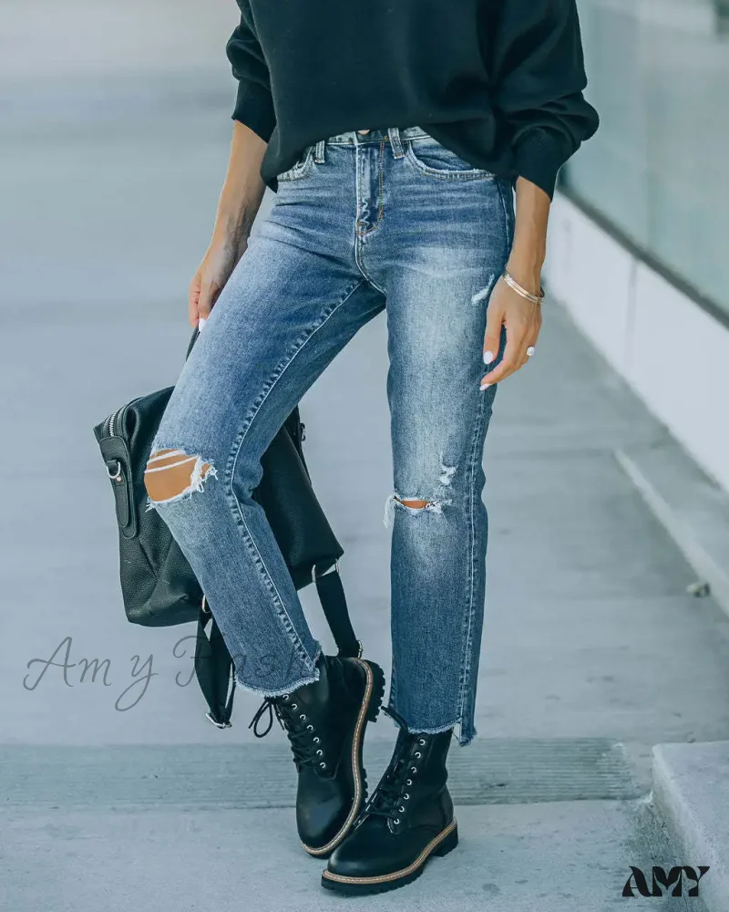 Amy Fashion - 2024 Blue New Hole Straight Women's All-Match High Waist Casual Ladies Washed Jean - Image 4