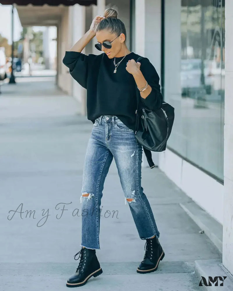 Amy Fashion - 2024 Blue New Hole Straight Women's All-Match High Waist Casual Ladies Washed Jean - Image 5
