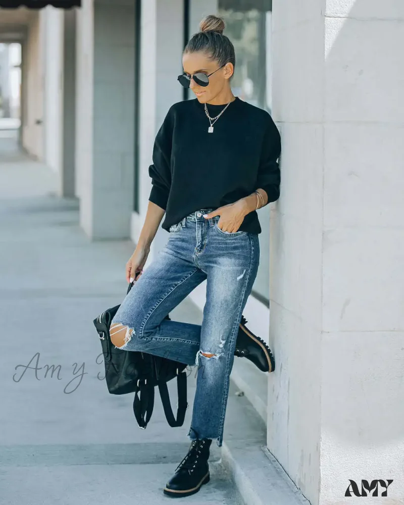 Amy Fashion - 2024 Blue New Hole Straight Women's All-Match High Waist Casual Ladies Washed Jean - Image 6