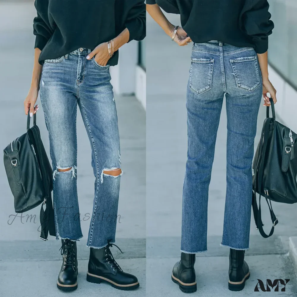 Amy Fashion - 2024 Blue New Hole Straight Women's All-Match High Waist Casual Ladies Washed Jean - Image 7
