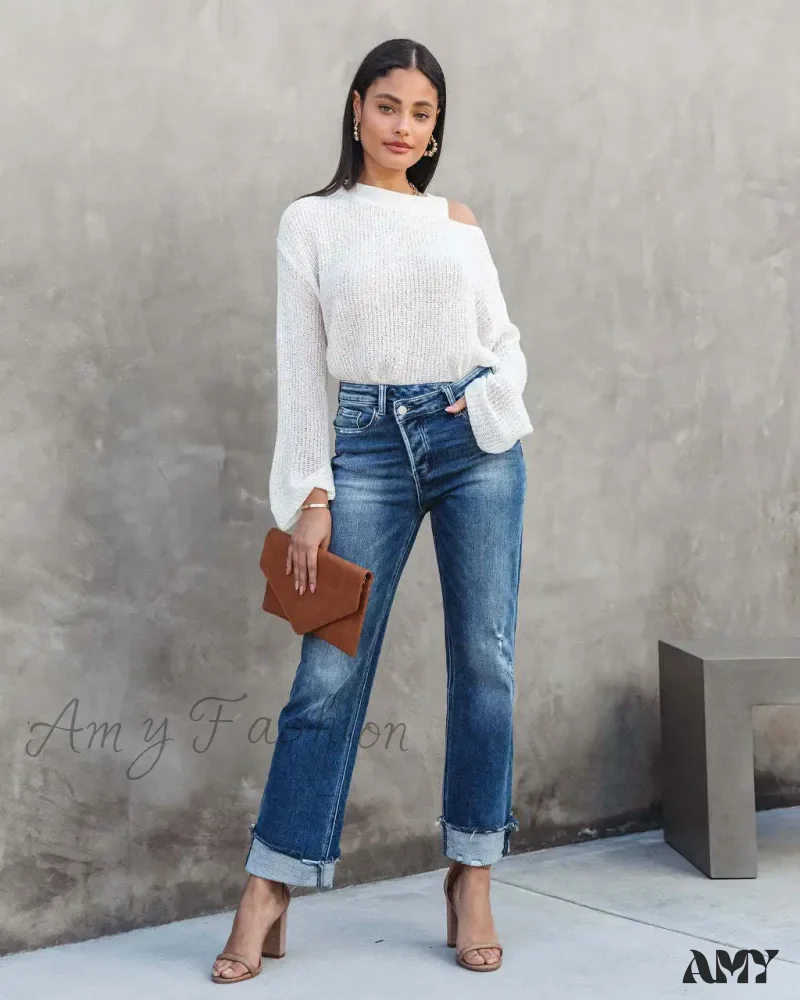 Amy Fashion - 2024 New Casual Loose Women's Wash Button Pockets High Waist Denim Abrade Elegant Jean - Image 2