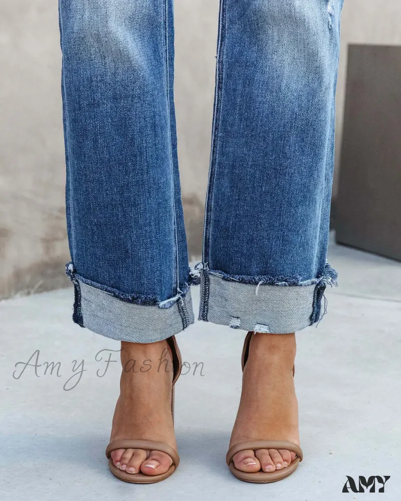 Amy Fashion - 2024 New Casual Loose Women's Wash Button Pockets High Waist Denim Abrade Elegant Jean - Image 4