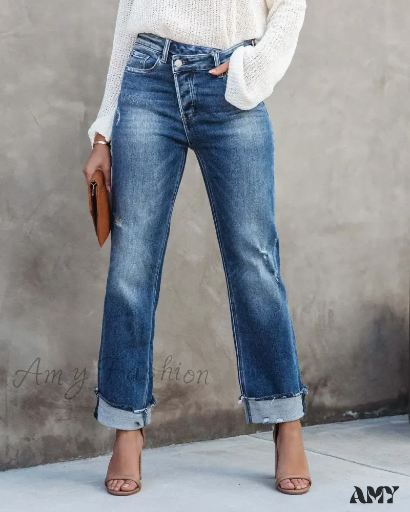 Amy Fashion - 2024 New Casual Loose Women's Wash Button Pockets High Waist Denim Abrade Elegant Jean - Image 5