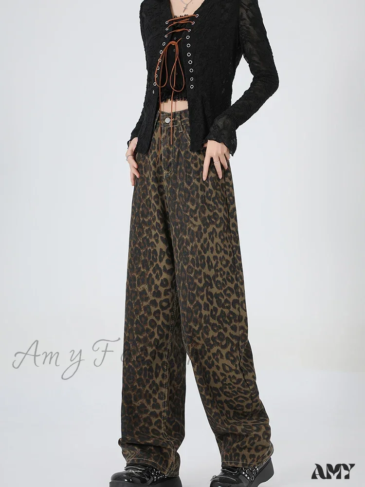 Amy Fashion - 2024 New Leopard Print Wide Leg Women High Waisted Fashion Streetwear Retro Y2K Denim Baggy Casual Straight Jean - Image 3