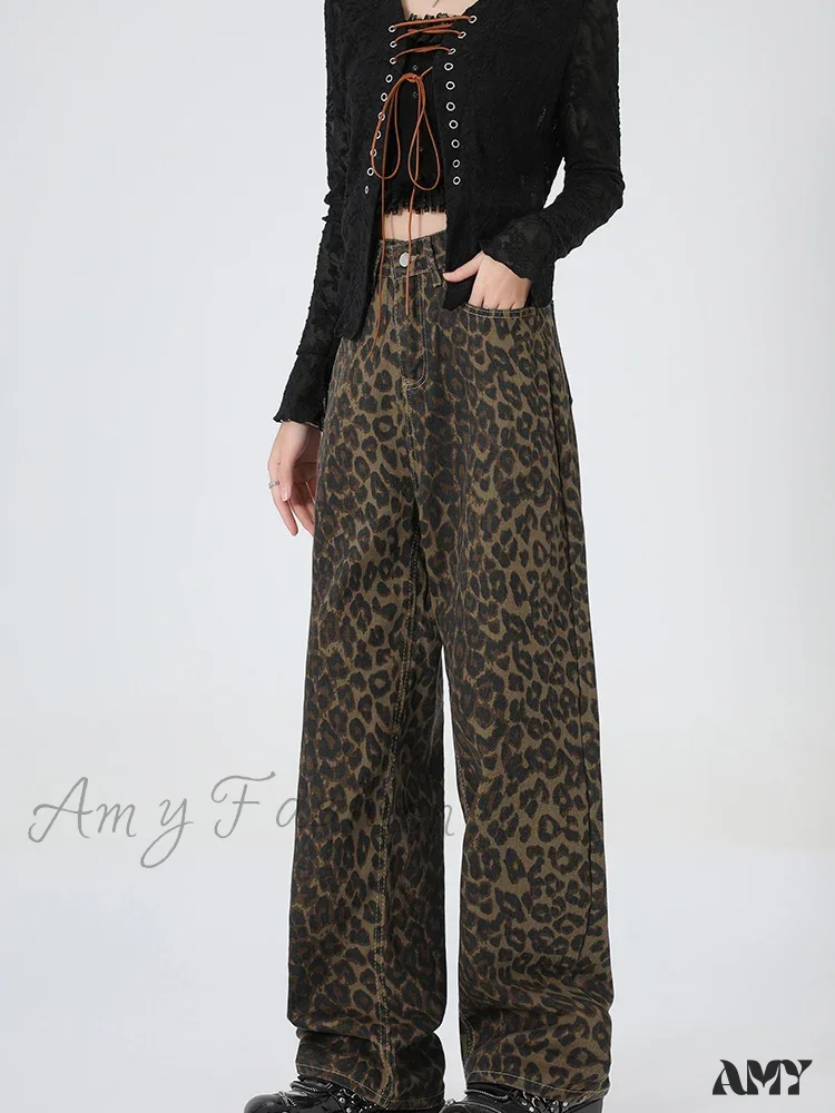 Amy Fashion - 2024 New Leopard Print Wide Leg Women High Waisted Fashion Streetwear Retro Y2K Denim Baggy Casual Straight Jean - Image 4