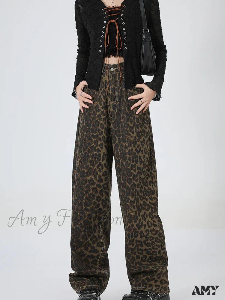 Amy Fashion - 2024 New Leopard Print Wide Leg Women High Waisted Fashion Streetwear Retro Y2K Denim Baggy Casual Straight Jean - Image 5