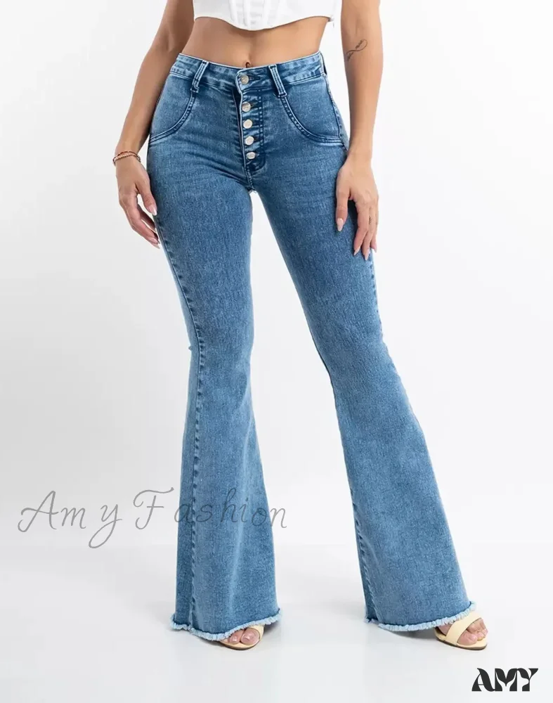 Amy Fashion - 2024 Skinny Flare for Women High Waist Button Lady Sexy Push Up Denim Bell Bottom Jean - Image 2