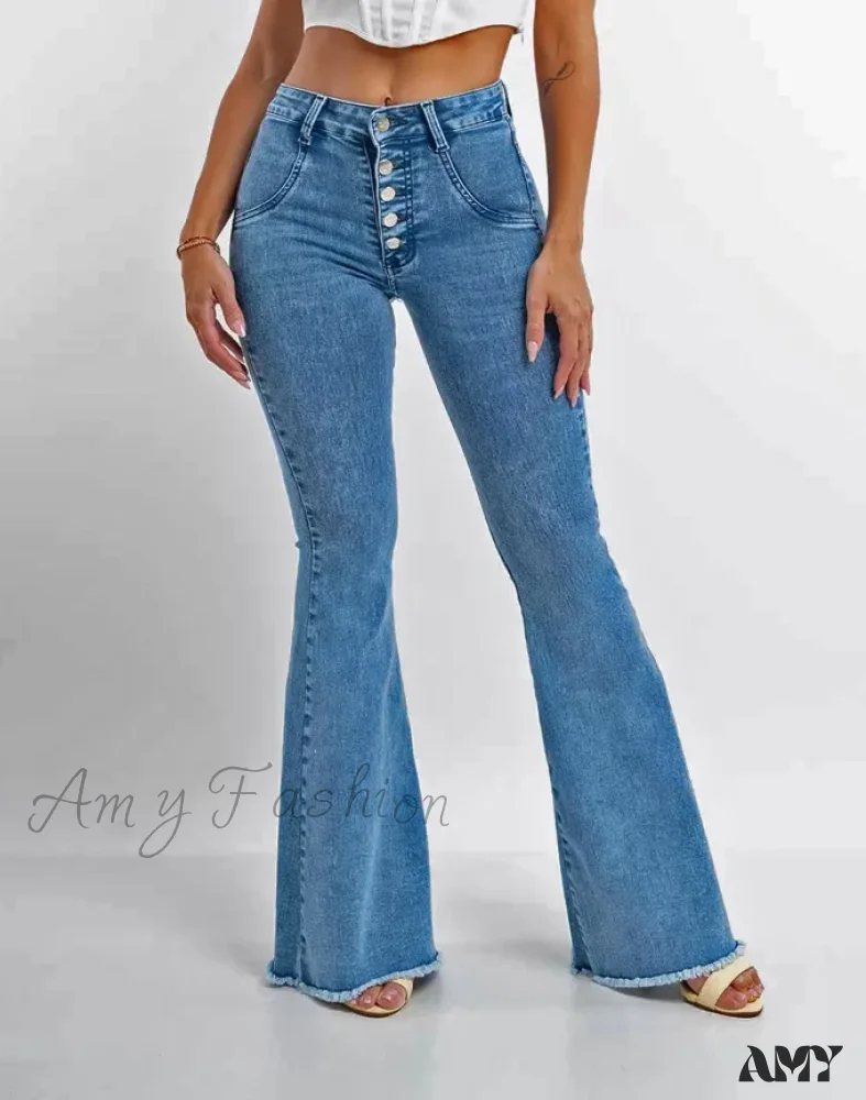 Amy Fashion - 2024 Skinny Flare for Women High Waist Button Lady Sexy Push Up Denim Bell Bottom Jean - Image 3