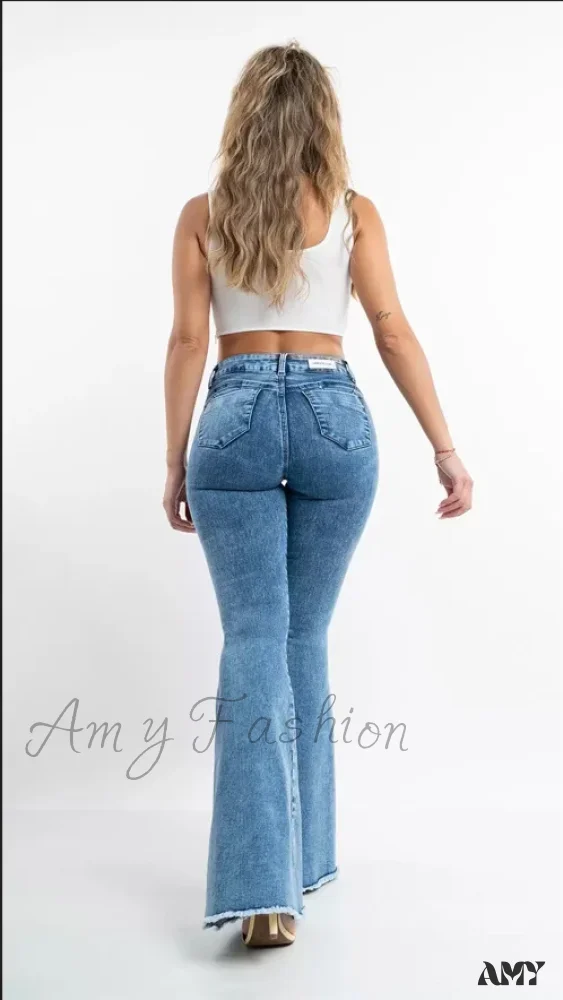 Amy Fashion - 2024 Skinny Flare for Women High Waist Button Lady Sexy Push Up Denim Bell Bottom Jean - Image 4