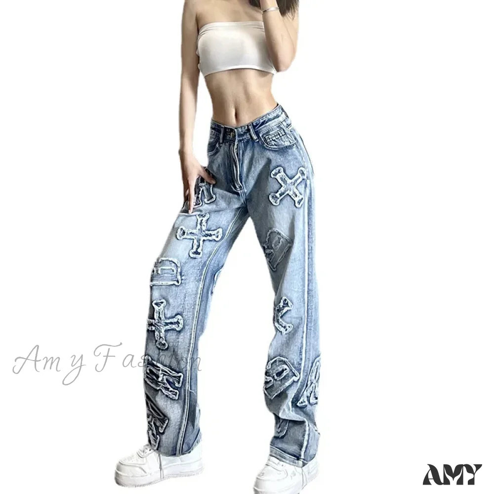 Amy Fashion - 2024 Women Letter Patch Wide Leg Blue High Waist Personality Baggy Streetwear Y2K Fashion Cotton Denim Jean - Image 2