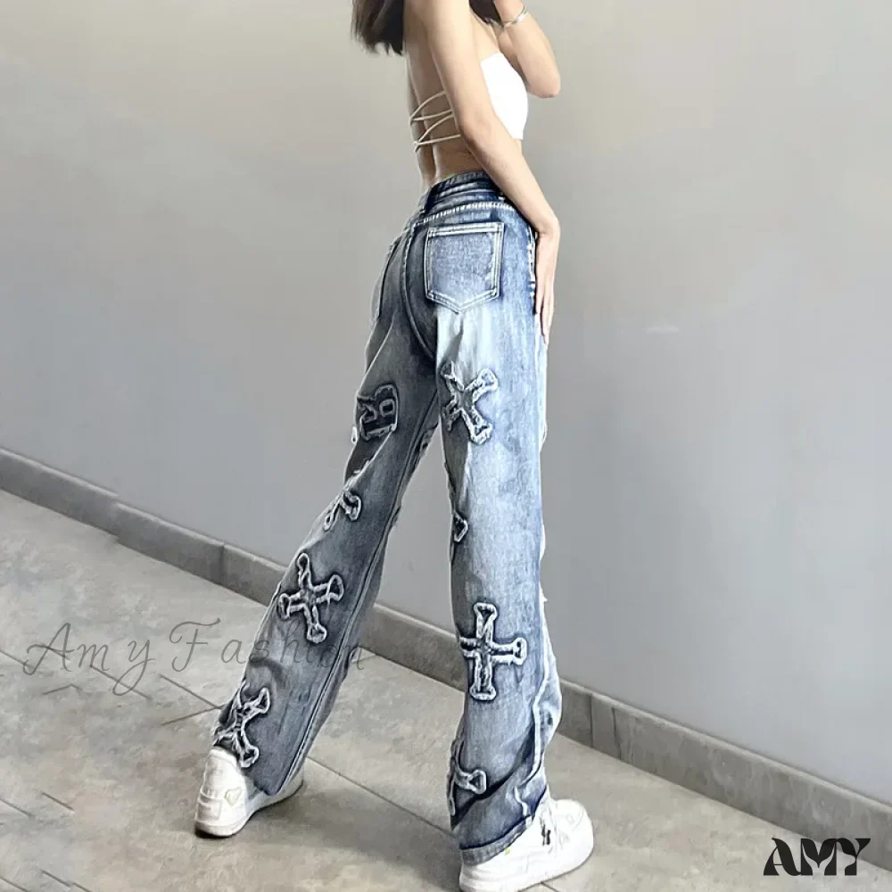 Amy Fashion - 2024 Women Letter Patch Wide Leg Blue High Waist Personality Baggy Streetwear Y2K Fashion Cotton Denim Jean - Image 3