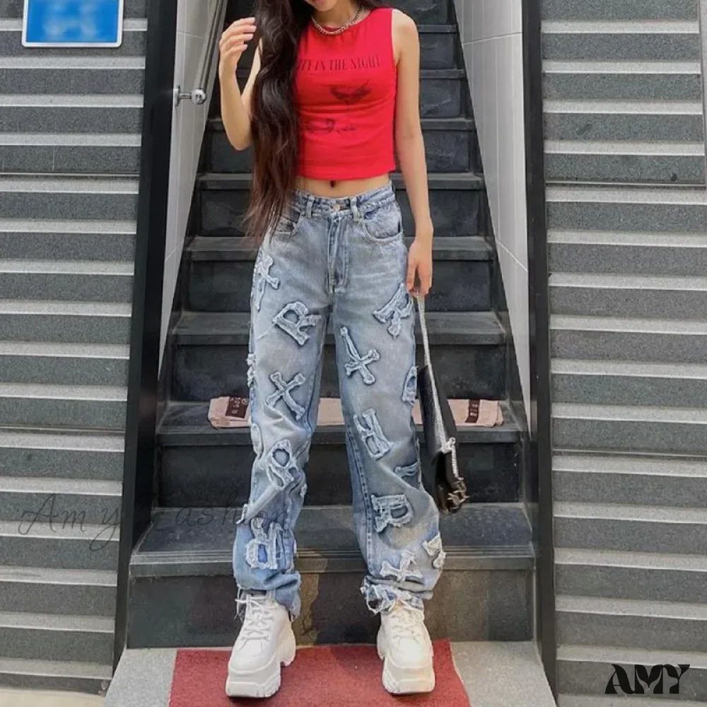 Amy Fashion - 2024 Women Letter Patch Wide Leg Blue High Waist Personality Baggy Streetwear Y2K Fashion Cotton Denim Jean - Image 4