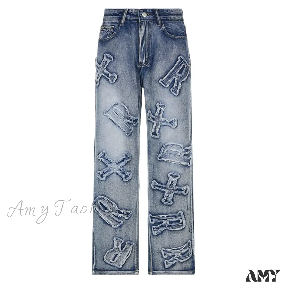 Amy Fashion - 2024 Women Letter Patch Wide Leg Blue High Waist Personality Baggy Streetwear Y2K Fashion Cotton Denim Jean - Image 6