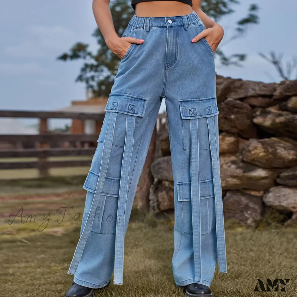 Amy Fashion - 90s Streetwear Blue Cargo Casual Big Pockets Overalls High Waist Straight Denim Jean - Image 2