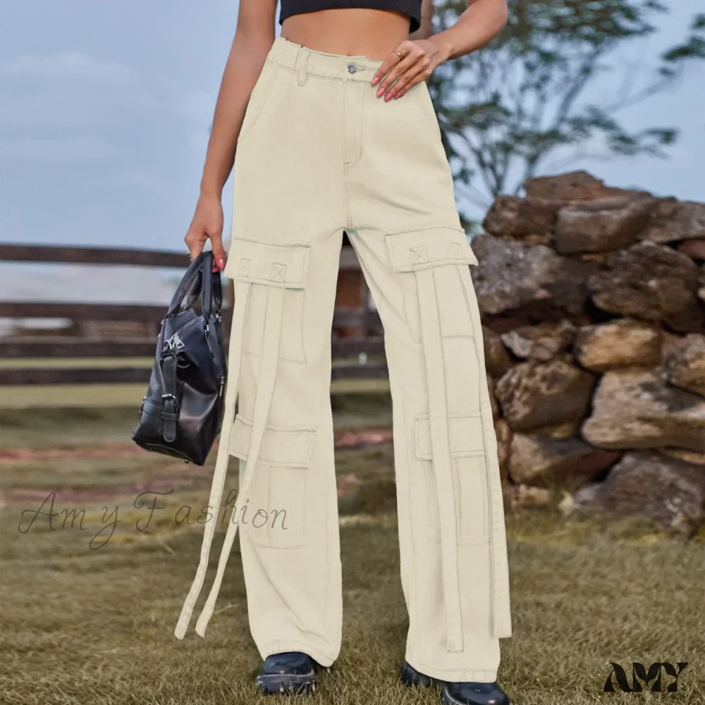 Amy Fashion - 90s Streetwear Blue Cargo Casual Big Pockets Overalls High Waist Straight Denim Jean - Image 4