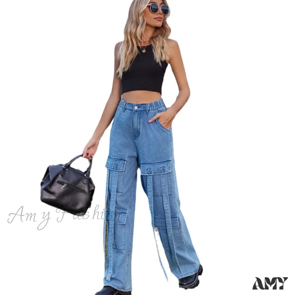 Amy Fashion - 90s Streetwear Blue Cargo Casual Big Pockets Overalls High Waist Straight Denim Jean - Image 5