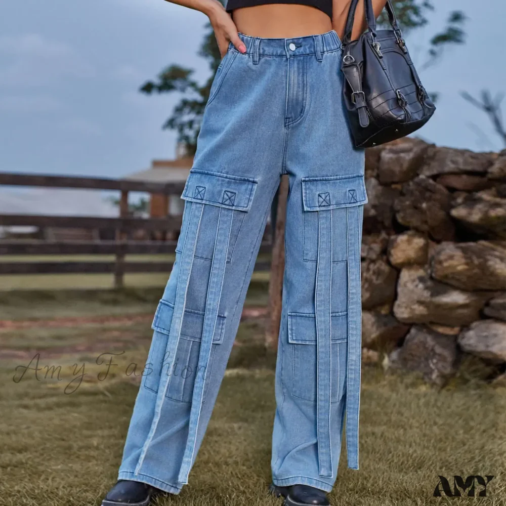 Amy Fashion - 90s Streetwear Blue Cargo Casual Big Pockets Overalls High Waist Straight Denim Jean - Image 6