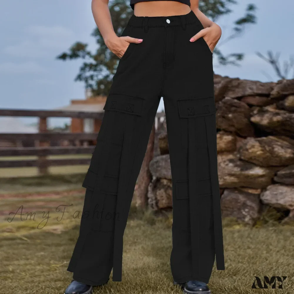 Amy Fashion - 90s Streetwear Blue Cargo Casual Big Pockets Overalls High Waist Straight Denim Jean - Image 8