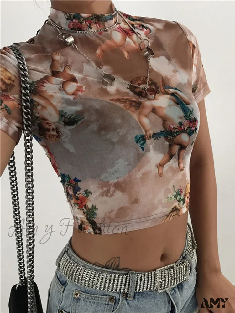 AMY - Angel Print MeshSexy Graphic Tees Hot Sale Crop Top - Image 2