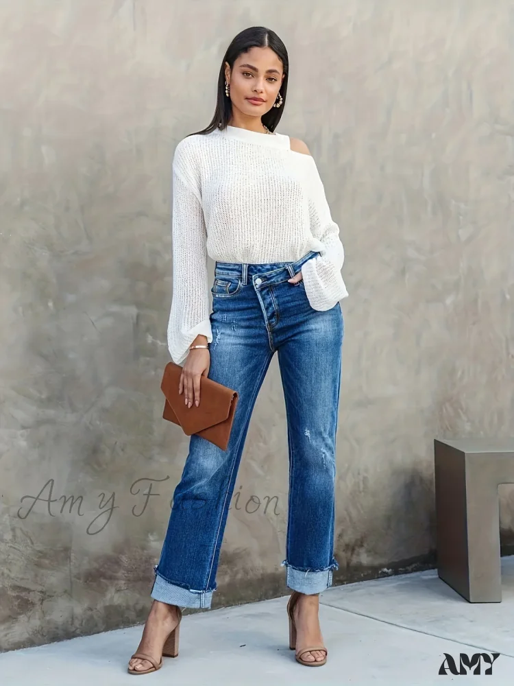 Amy Fashion - Asymmetrical Waist Casual Straight Loose Fit Rolled Hem Denim Jean - Image 2
