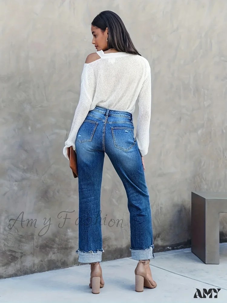 Amy Fashion - Asymmetrical Waist Casual Straight Loose Fit Rolled Hem Denim Jean - Image 3