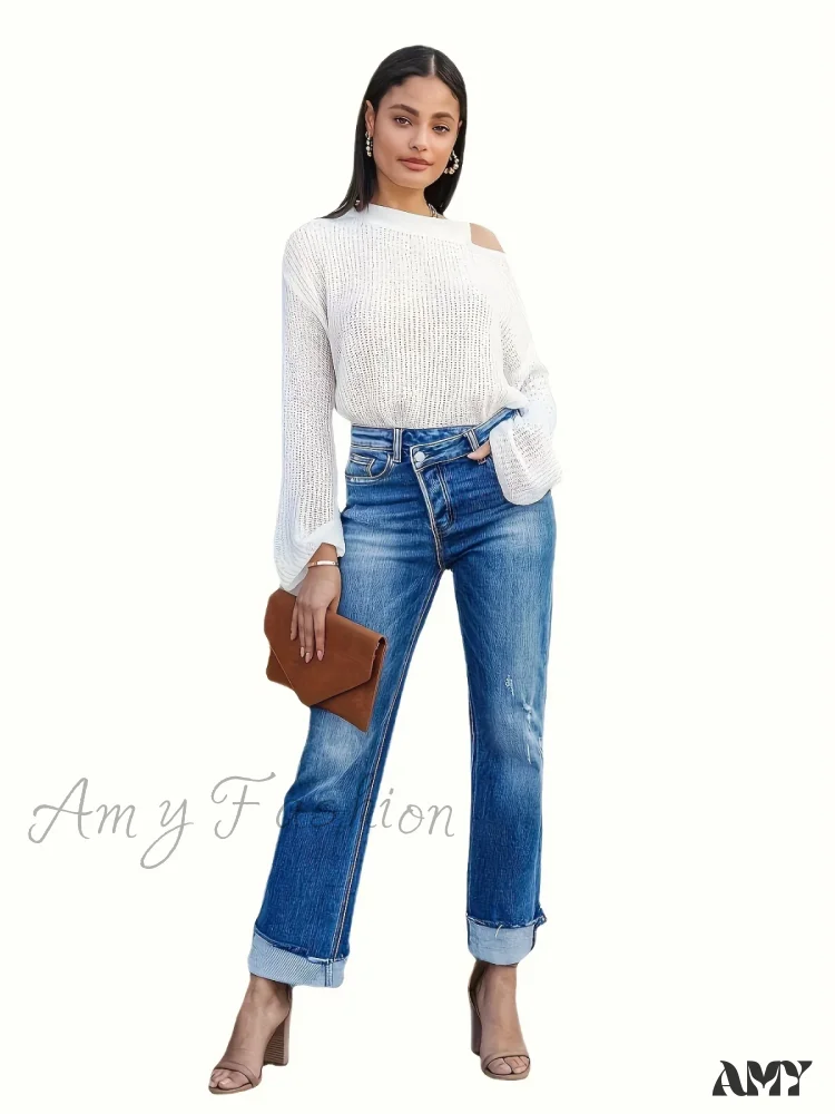 Amy Fashion - Asymmetrical Waist Casual Straight Loose Fit Rolled Hem Denim Jean - Image 4