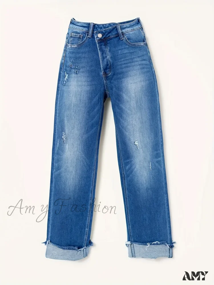 Amy Fashion - Asymmetrical Waist Casual Straight Loose Fit Rolled Hem Denim Jean - Image 5