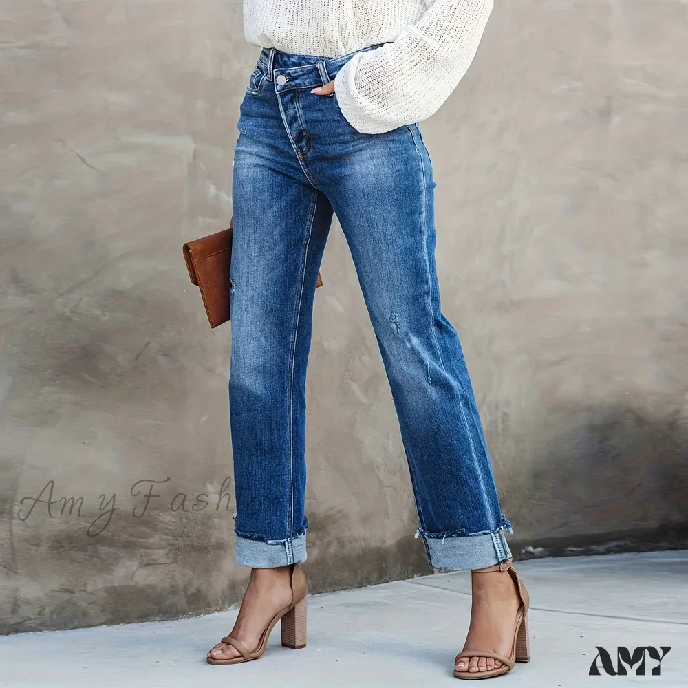 Amy Fashion - Asymmetrical Waist Casual Straight Loose Fit Rolled Hem Denim Jean - Image 6