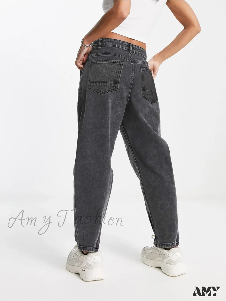 Amy Fashion - Autumn Black Washed Casual Tapered Slant Pockets Straight Legs Mom Denim - Image 3