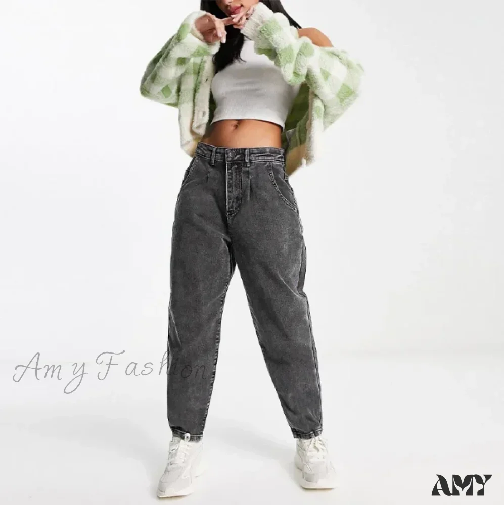 Amy Fashion - Autumn Black Washed Casual Tapered Slant Pockets Straight Legs Mom Denim - Image 6