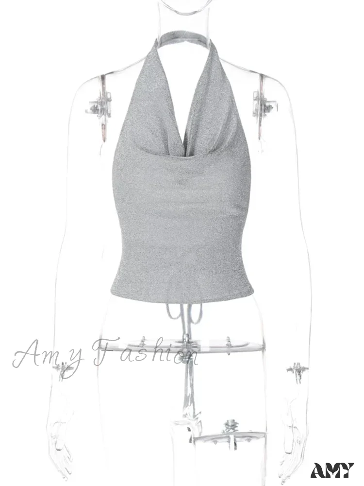 AMY - Bling Glitter Sequins Lace Up Backless Halter Vintage Crop Top - Image 5