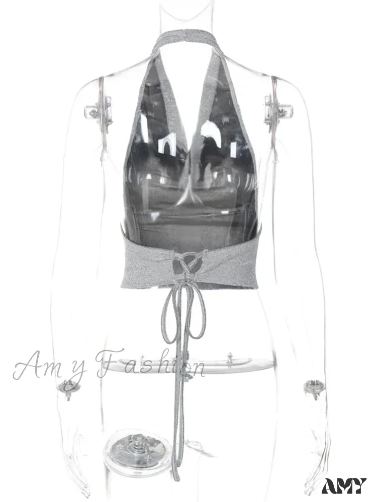 AMY - Bling Glitter Sequins Lace Up Backless Halter Vintage Crop Top - Image 6