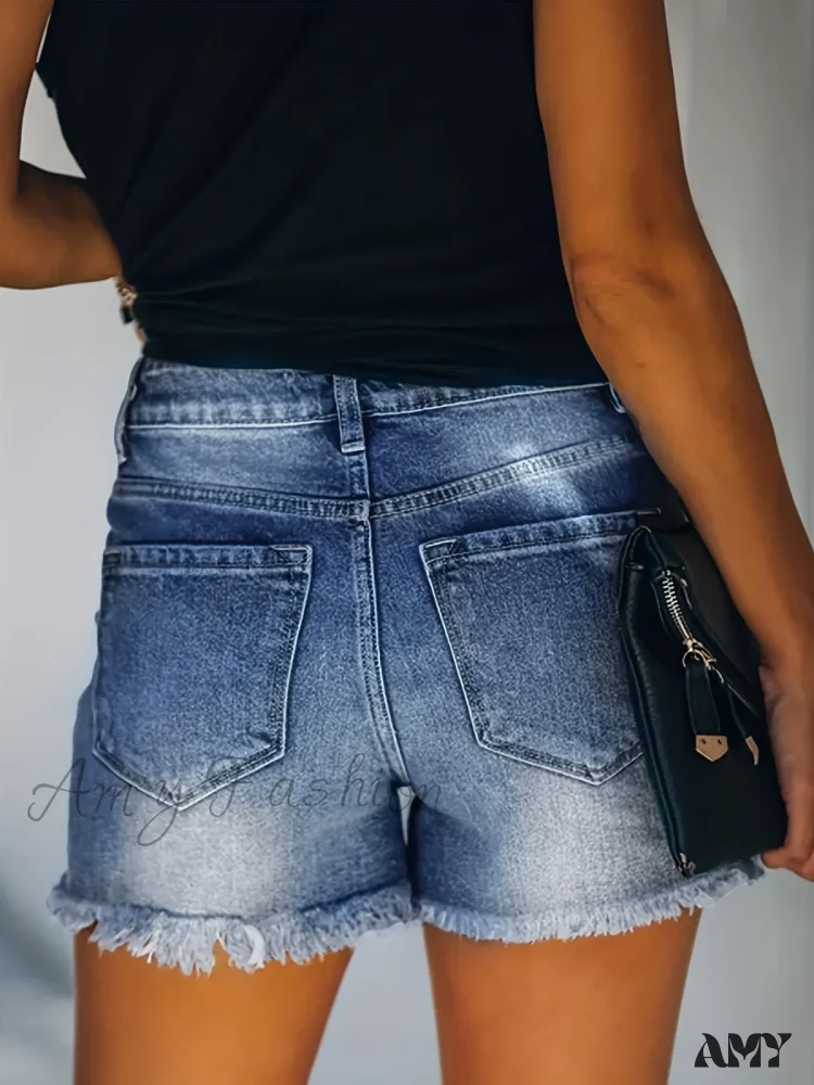 Amy Fashion - Blue Frayed Hem Denim Shorts Ripped Holes Slash Pockets Short Denim Jean - Image 3