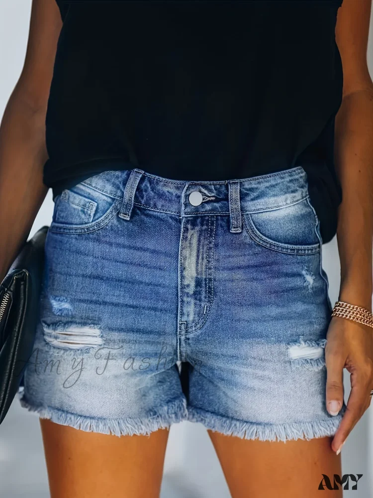 Amy Fashion - Blue Frayed Hem Denim Shorts Ripped Holes Slash Pockets Short Denim Jean - Image 5