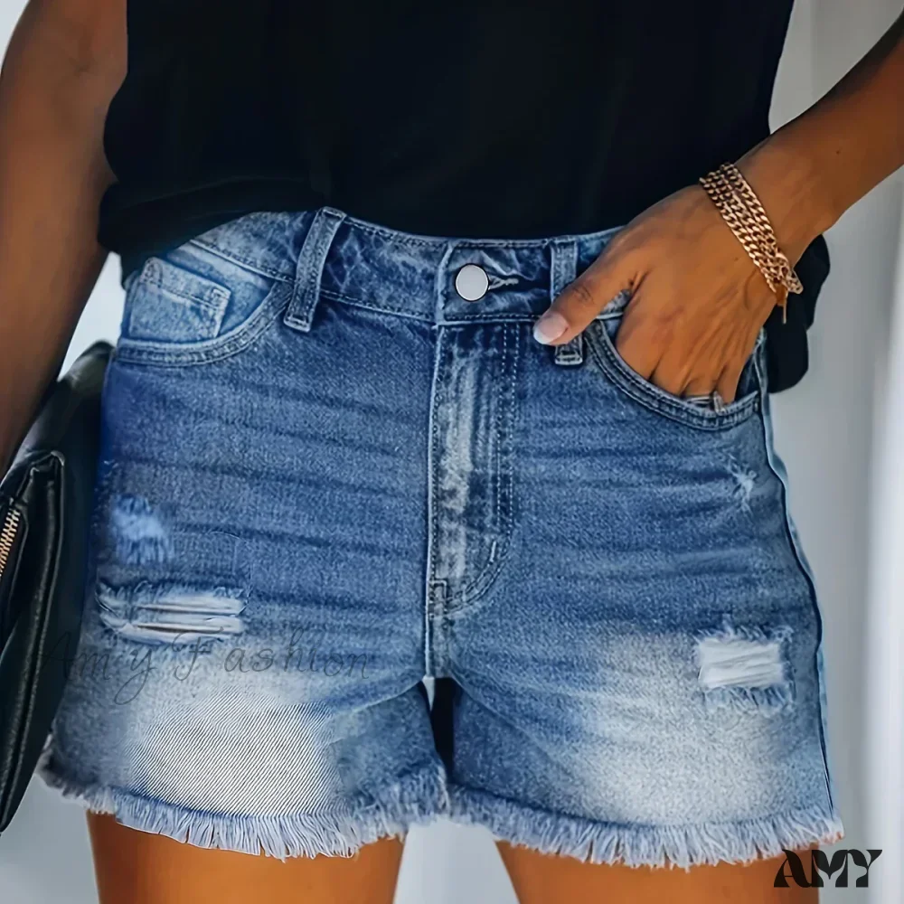 Amy Fashion - Blue Frayed Hem Denim Shorts Ripped Holes Slash Pockets Short Denim Jean - Image 6