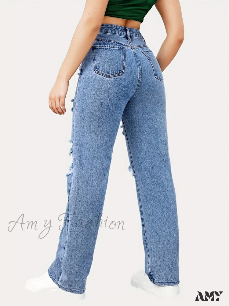 Amy Fashion - Blue Ripped Baggy Straight Slash Pockets Distressed High Waist Loose Fit Denim Jean - Image 3