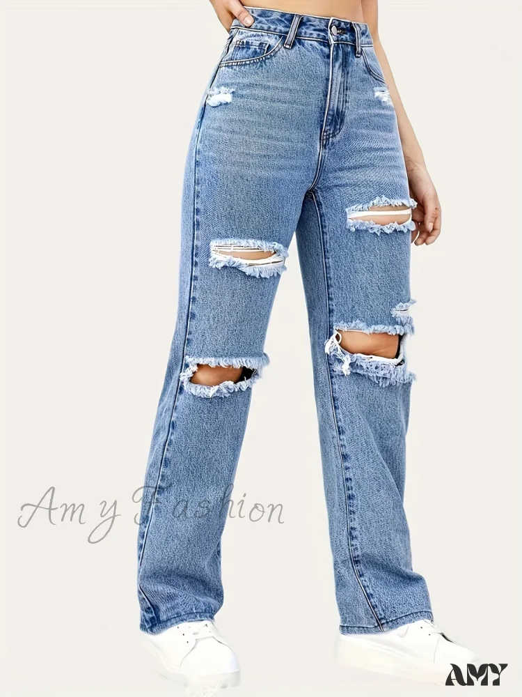 Amy Fashion - Blue Ripped Baggy Straight Slash Pockets Distressed High Waist Loose Fit Denim Jean - Image 4