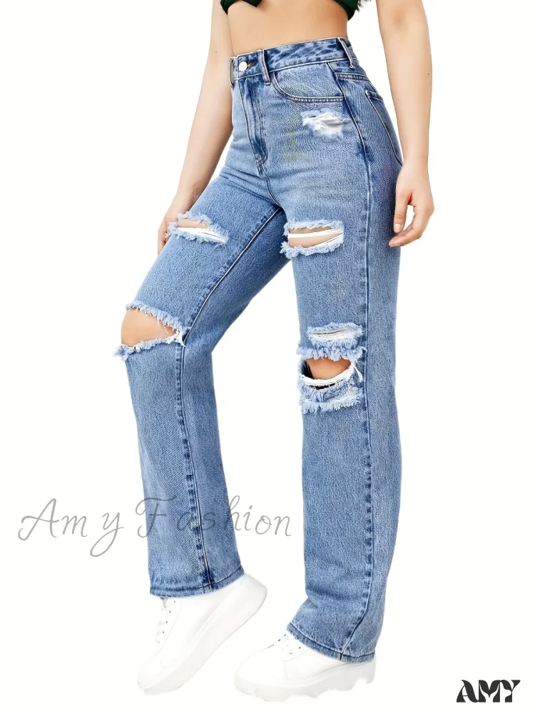 Amy Fashion - Blue Ripped Baggy Straight Slash Pockets Distressed High Waist Loose Fit Denim Jean - Image 5