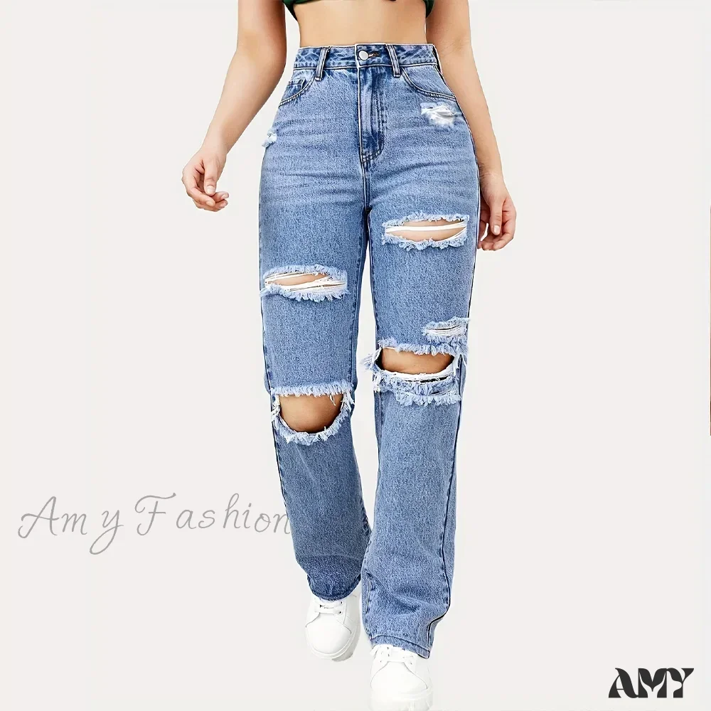 Amy Fashion - Blue Ripped Baggy Straight Slash Pockets Distressed High Waist Loose Fit Denim Jean - Image 6