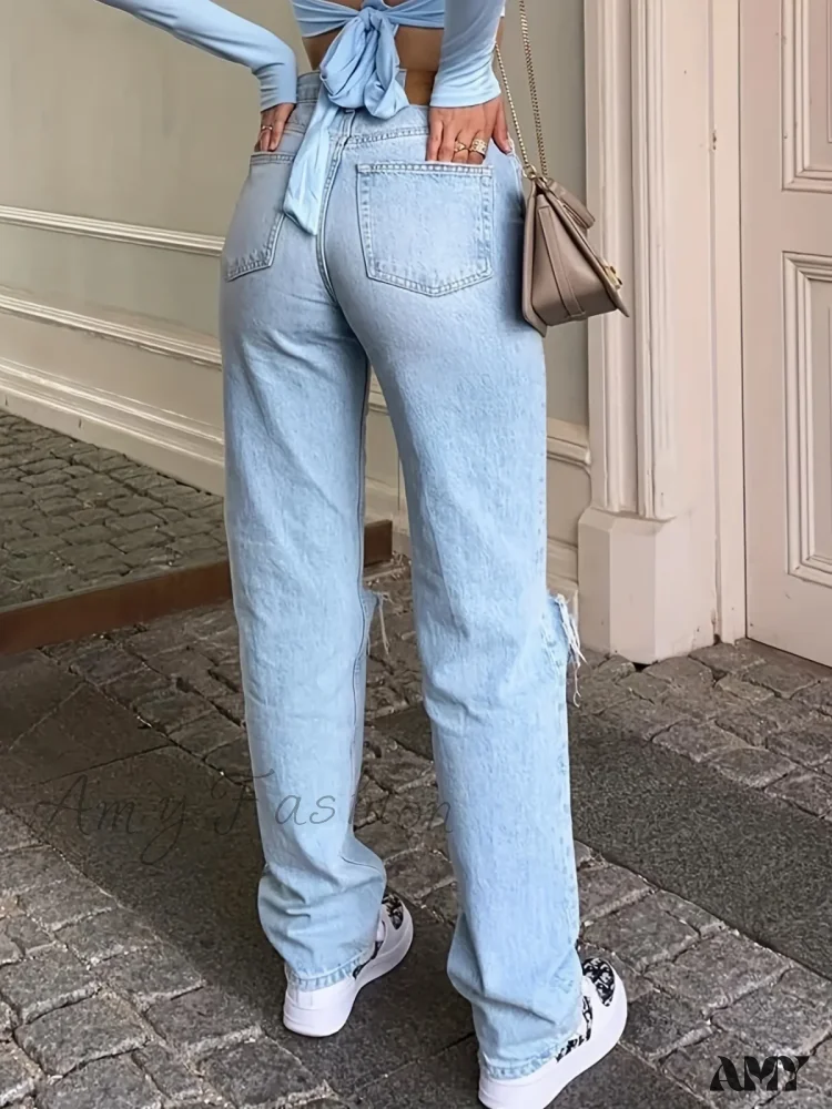 Amy Fashion - Blue Ripped Holes Straight Loose Fit Slant Pockets Non-Stretch Casual Denim Jean - Image 5