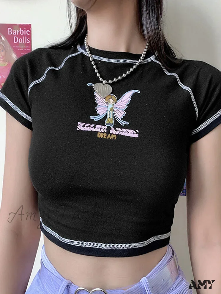 AMY - Butterfly Graphic Green Short Sleeve Vintage Tee Crop Top - Image 4