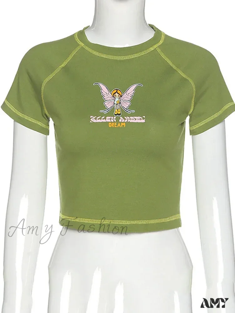 AMY - Butterfly Graphic Green Short Sleeve Vintage Tee Crop Top - Image 6