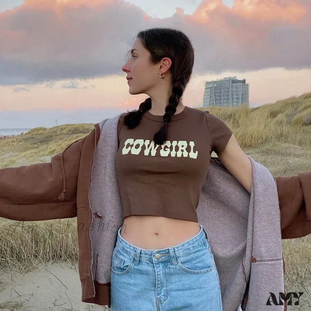 AMY FASHION - COWGIRL Print Casual Streetwear Short Sleeve Crop Top - Image 2