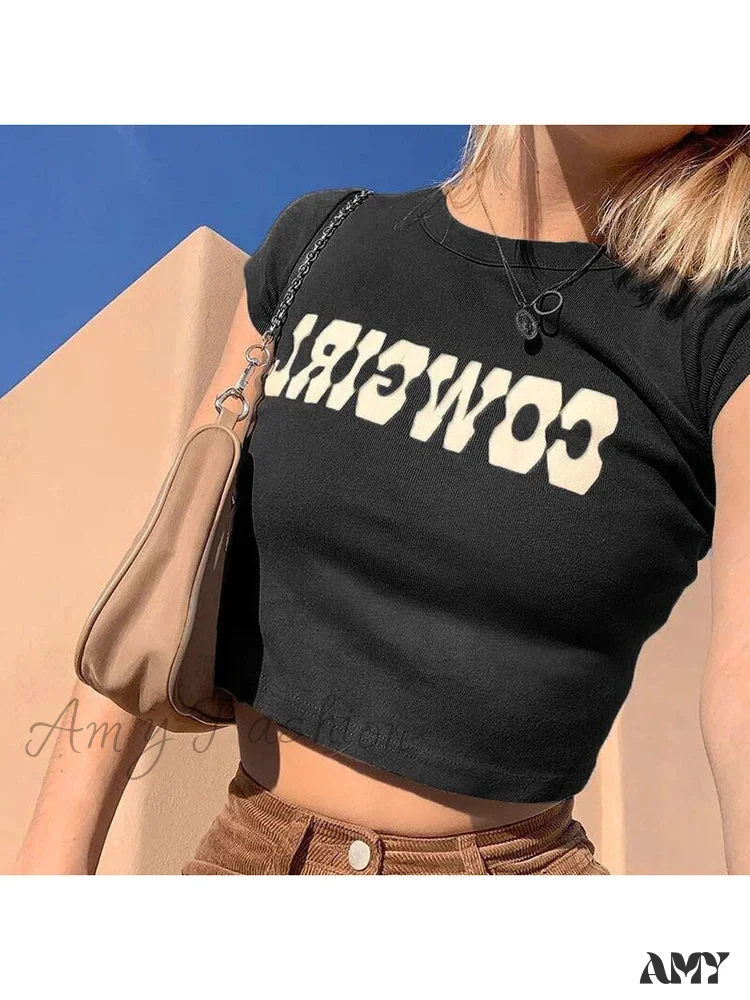 AMY FASHION - COWGIRL Print Casual Streetwear Short Sleeve Crop Top - Image 6
