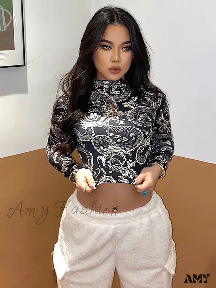 AMY FASHION - Dragon Printed High Collar Slim T-shirt Crop Top - Image 4