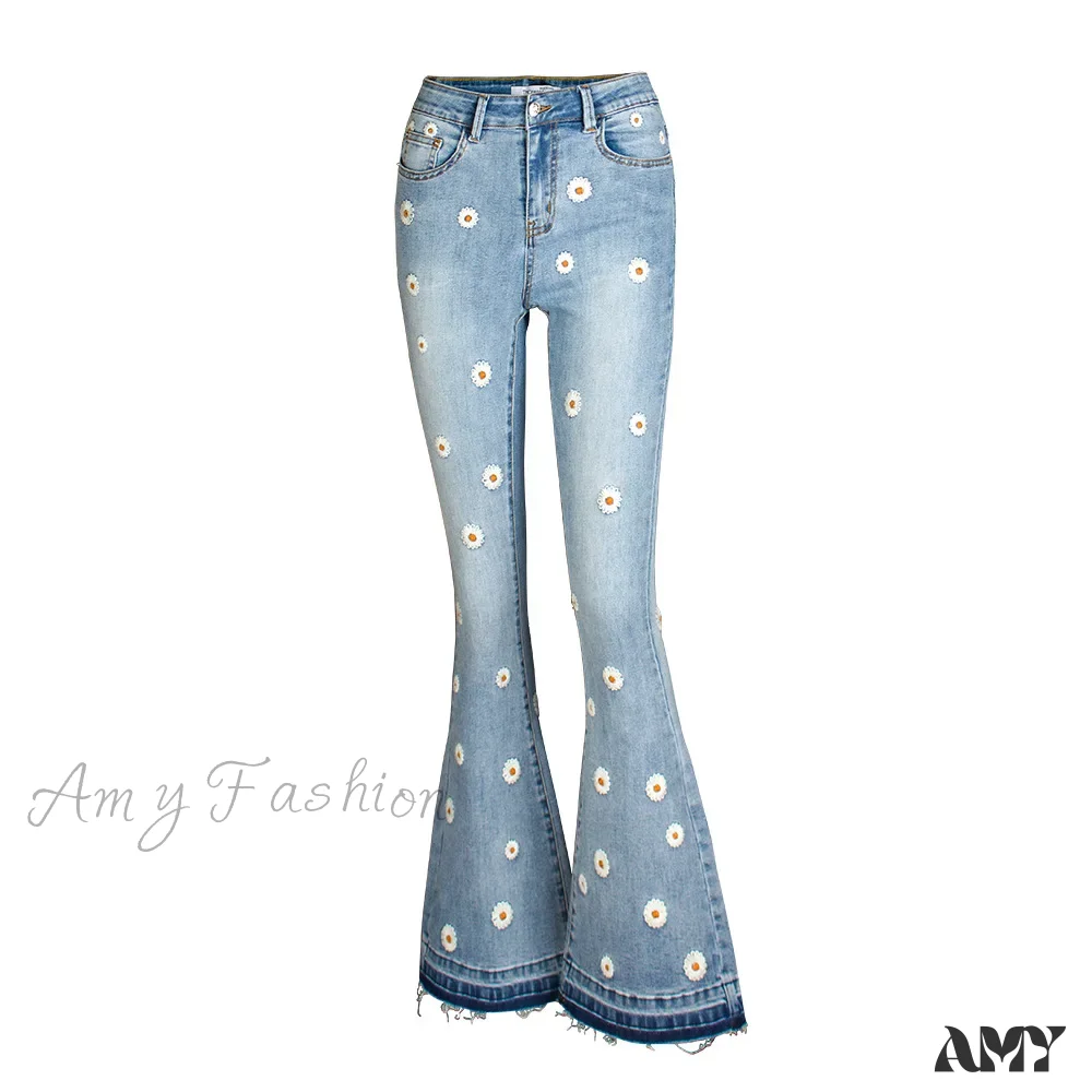 Amy Fashion - Elastic Flower Embroidered Flare Womens Vintage Skinny Spring Autumn Denim Retro Style Bell Bottom Jean - Image 2