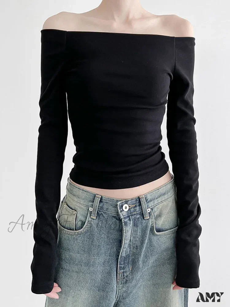 AMY - Elegant Slim Sexy Cropped Black Long Sleeve Korean Fall Crop Top - Image 2