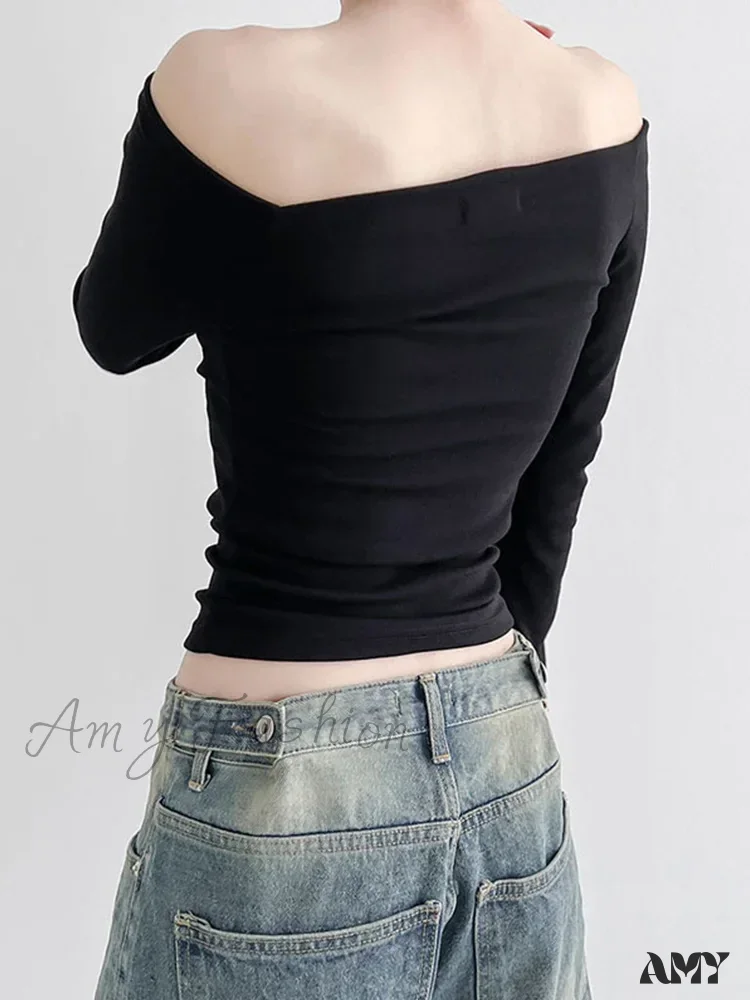AMY - Elegant Slim Sexy Cropped Black Long Sleeve Korean Fall Crop Top - Image 3