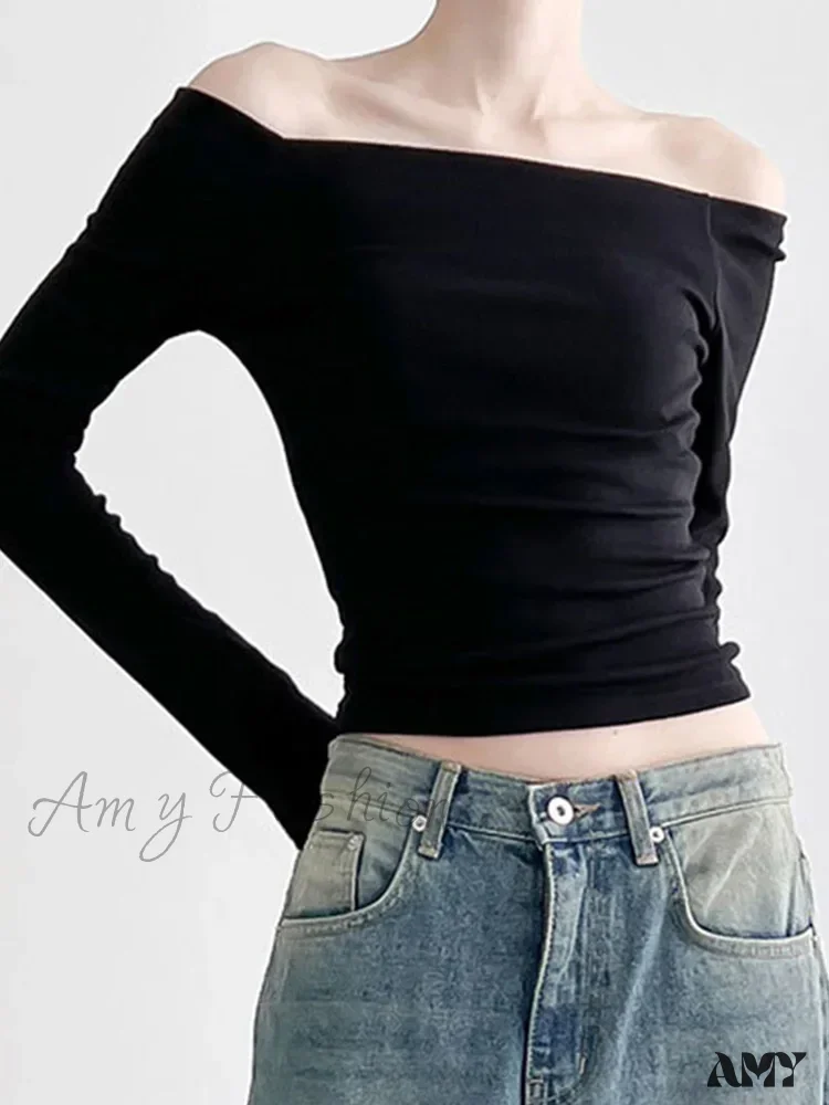 AMY - Elegant Slim Sexy Cropped Black Long Sleeve Korean Fall Crop Top - Image 4