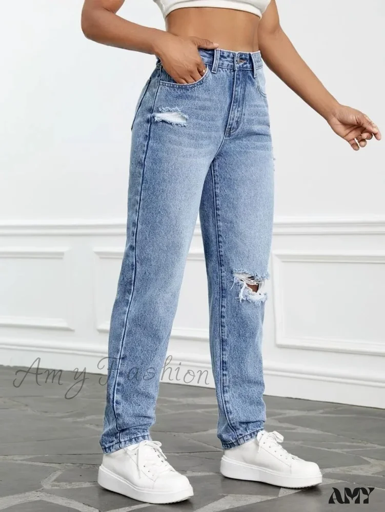 Amy Fashion - 2024 Women Casual Fashion High Streetwear Ripped Holes Denim Pants Female Vintage Trousers Jean - Image 2